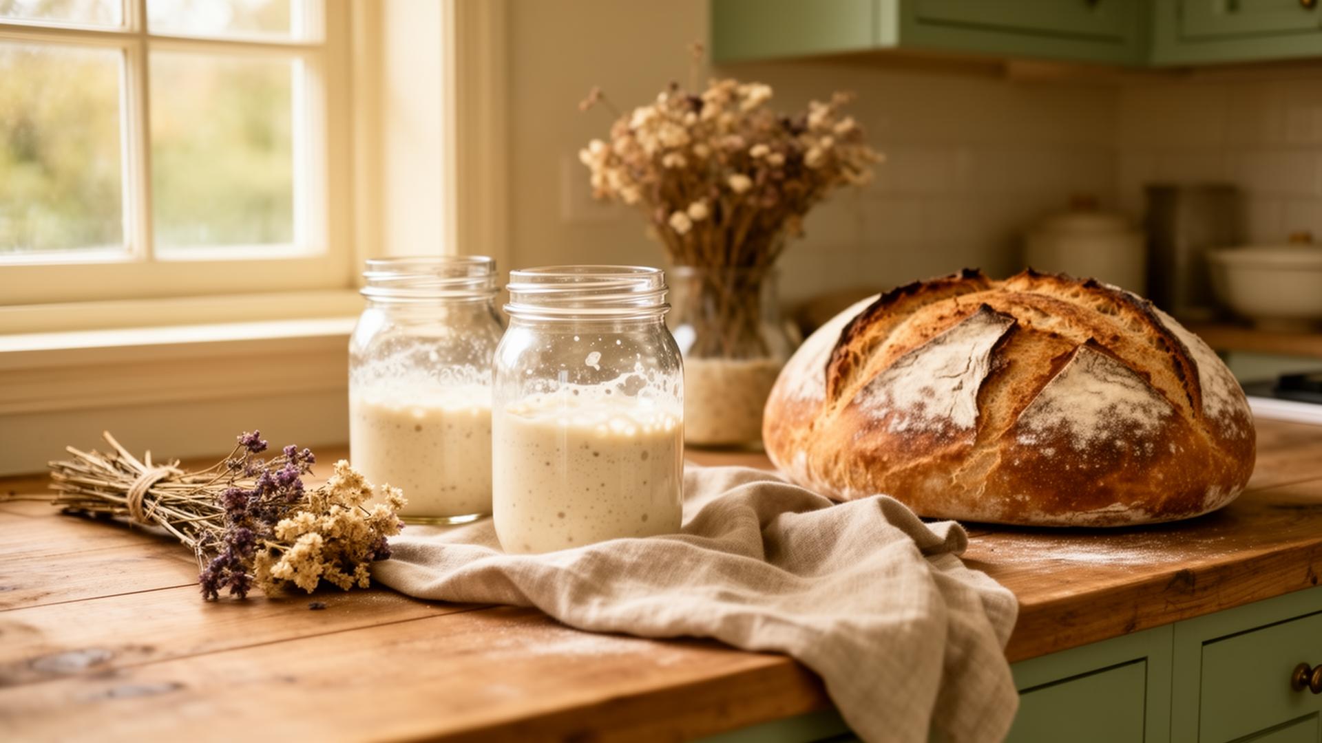 Mason jars with sourdough starter and freshly baked bread on a wooden counter